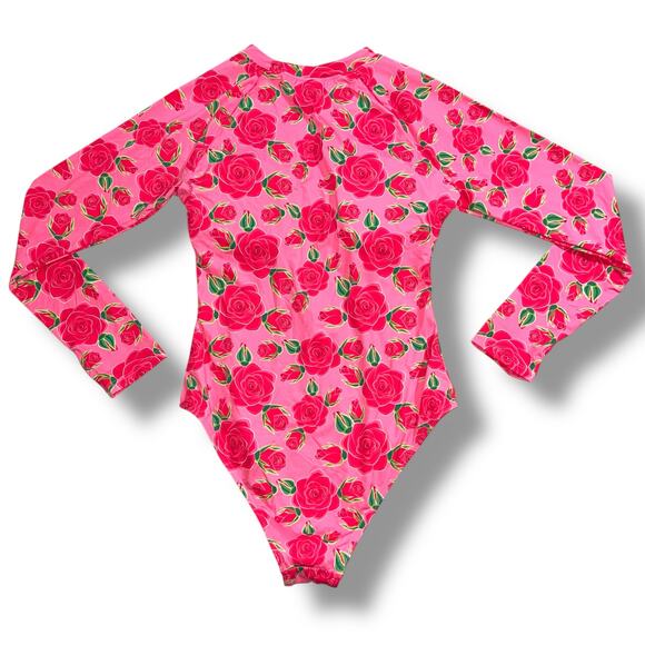 Betsey Johnson Womens One Piece Swimsuit Scuba Knit Half Zip Long Sleeve Pink M - Picture 6 of 14